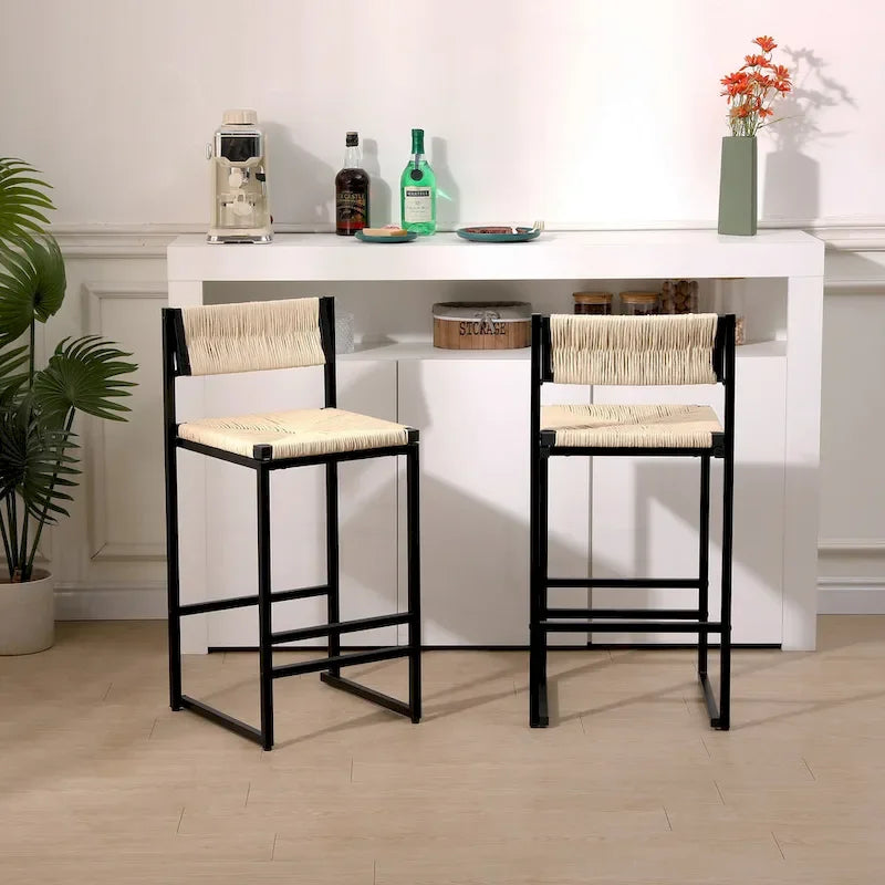 Counter Height Bar Stools Set of 2, Kichen Island Chairs with Back, Armless Dinning Room Chairs with Hand Weave