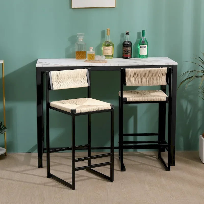 Counter Height Bar Stools Set of 2, Kichen Island Chairs with Back, Armless Dinning Room Chairs with Hand Weave