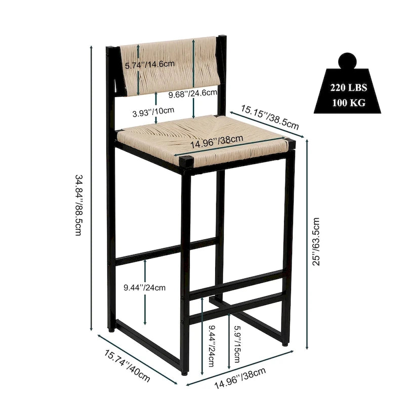 Counter Height Bar Stools Set of 2, Kichen Island Chairs with Back, Armless Dinning Room Chairs with Hand Weave
