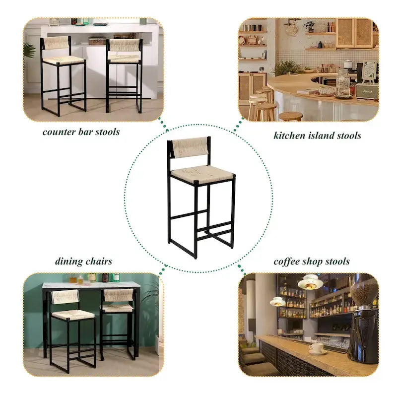 Counter Height Bar Stools Set of 2, Kichen Island Chairs with Back, Armless Dinning Room Chairs with Hand Weave