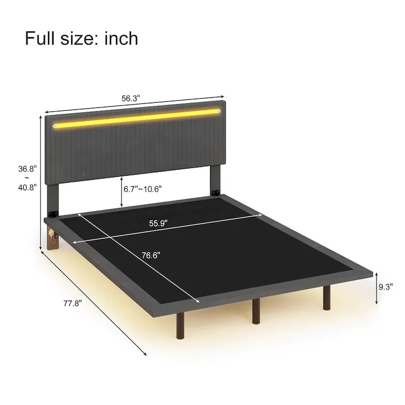 Floating Bed Upholstered Frame Velvet Fabric Platform Bed Adjustable Wingback Bed, Lights on Headboard, Sensor Lights Underbed