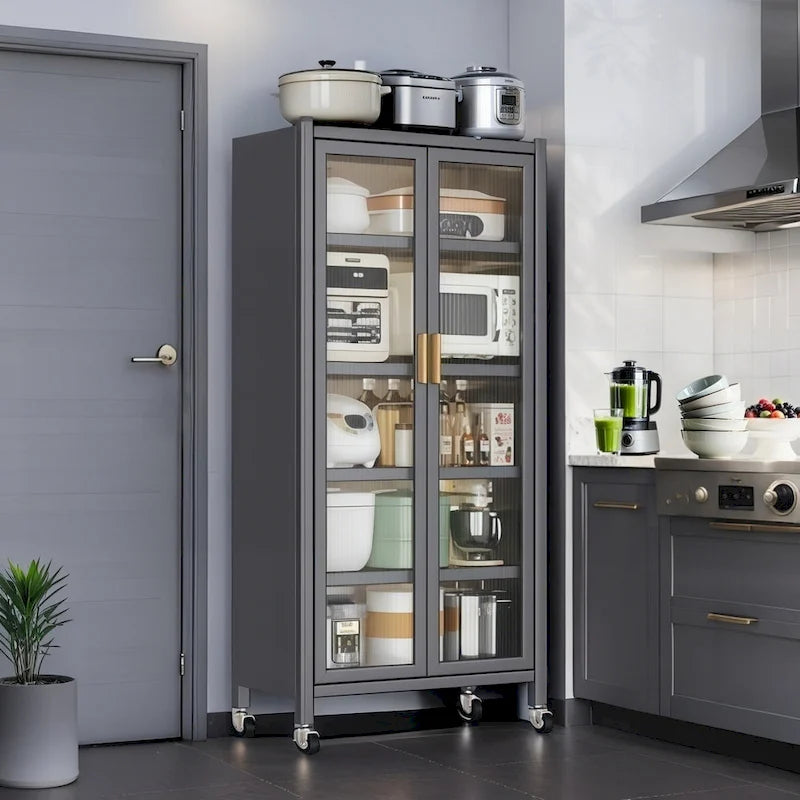 Kitchen Pantry Storage Cabinet,6 Tier Metal Display Storage Cabinet with Transparent Door,Adjustable Shelves & Wheels