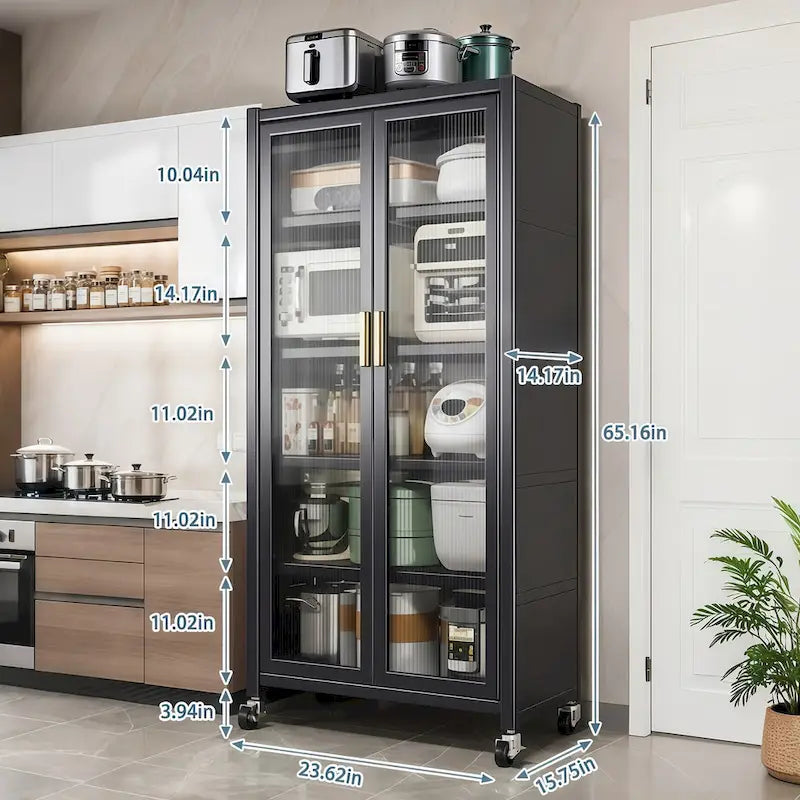 Kitchen Pantry Storage Cabinet,6 Tier Metal Display Storage Cabinet with Transparent Door,Adjustable Shelves & Wheels