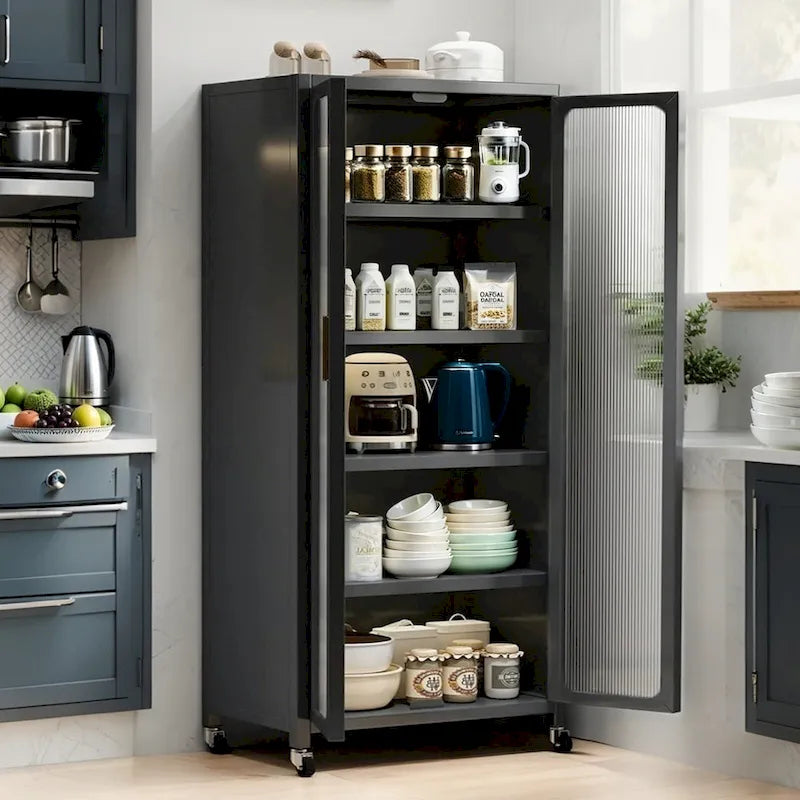 Kitchen Pantry Storage Cabinet,6 Tier Metal Display Storage Cabinet with Transparent Door,Adjustable Shelves & Wheels