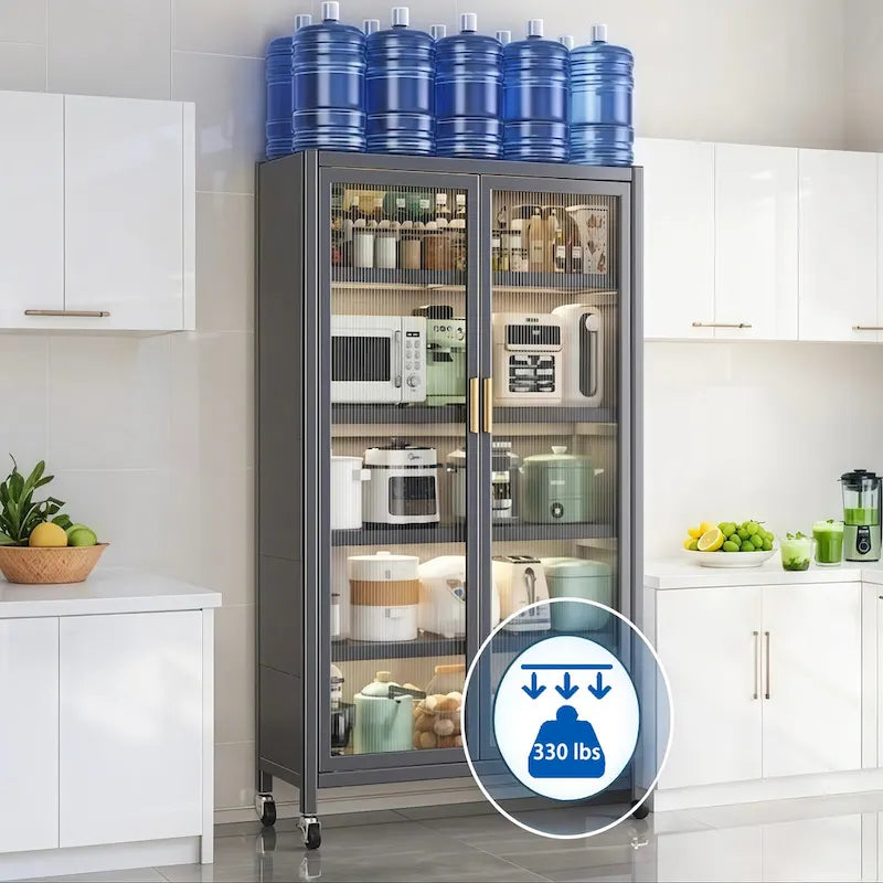 Kitchen Pantry Storage Cabinet,6 Tier Metal Display Storage Cabinet with Transparent Door,Adjustable Shelves & Wheels