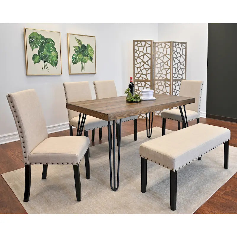 6-Piece Industrial Dining Set with Rectangular Table & Linen Chairs