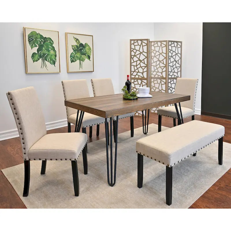 6-Piece Industrial Dining Set with Rectangular Table & Linen Chairs