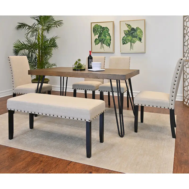 6-Piece Industrial Dining Set with Rectangular Table & Linen Chairs