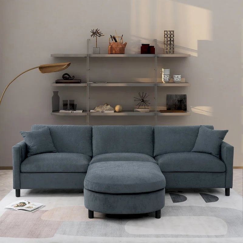 Grey 107.87 4-Seater Sectional Sofa with Removable Cushions, Movable Ottoman, and Storage Armrest Bag