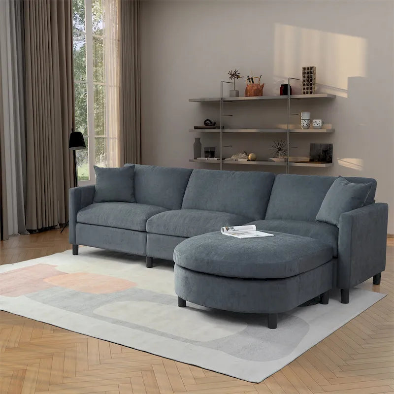 Grey 107.87 4-Seater Sectional Sofa with Removable Cushions, Movable Ottoman, and Storage Armrest Bag