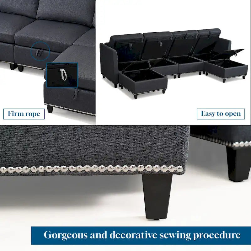 100 Spacious U-Shaped 6 Seater Sectional Sofa with Storage, Reversible Chaise and Comfortable Deep Cushions