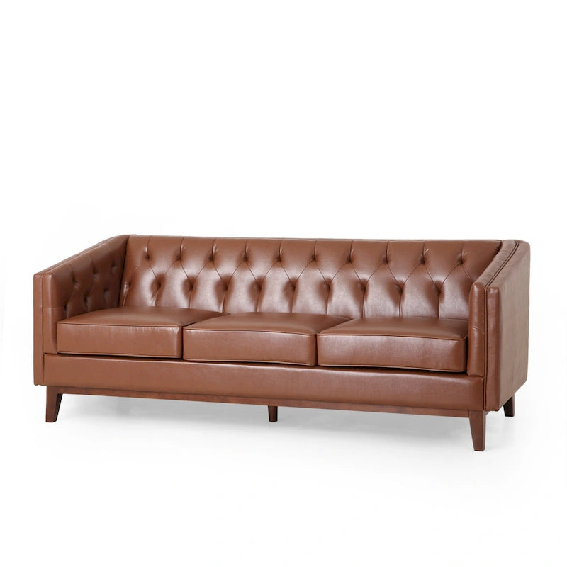 Light Brown Modern 81 Faux Leather Button Tufted 3-seater Sofa with Wood Legs for Living Room