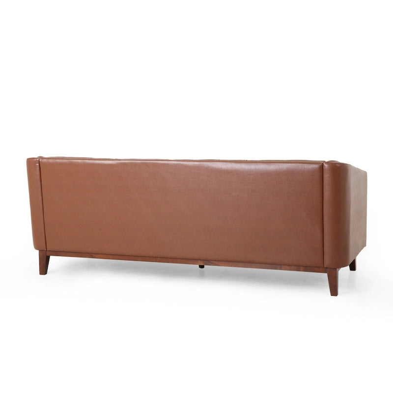 Light Brown Modern 81 Faux Leather Button Tufted 3-seater Sofa with Wood Legs for Living Room