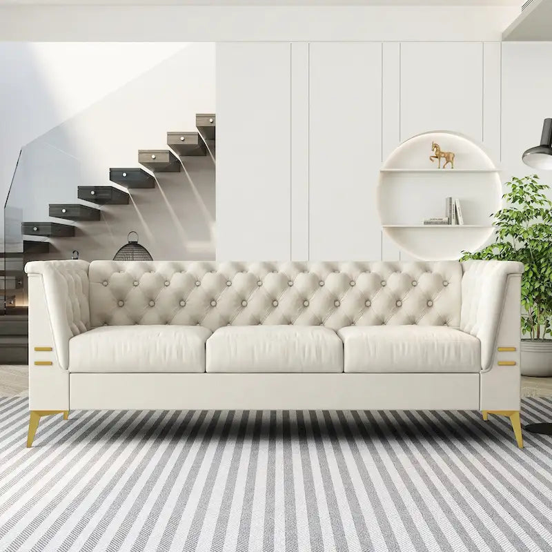 82 Velvet 3 Seater Chesterfield Sofa Couch with Gold Metal Legs, High Rebound Sponge and Removable Cushions