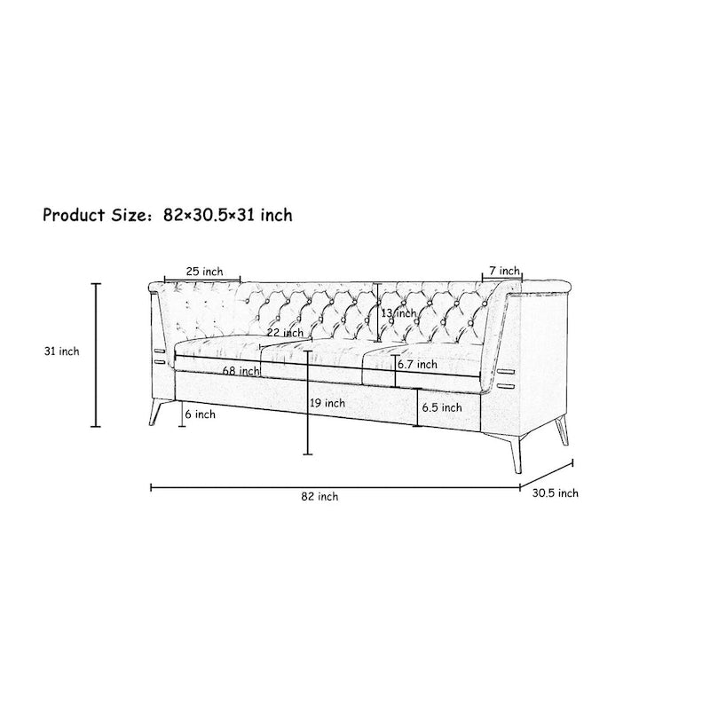 82 Velvet 3 Seater Chesterfield Sofa Couch with Gold Metal Legs, High Rebound Sponge and Removable Cushions