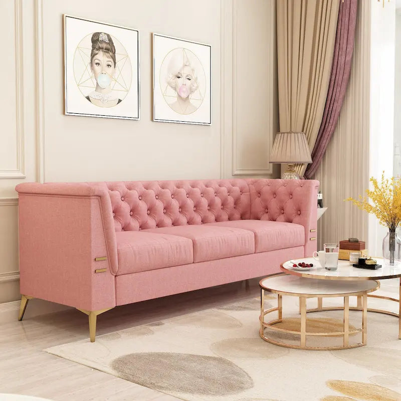 82 Velvet 3 Seater Chesterfield Sofa Couch with Gold Metal Legs, High Rebound Sponge and Removable Cushions