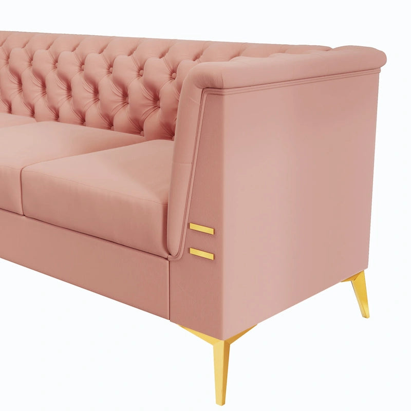 82 Velvet 3 Seater Chesterfield Sofa Couch with Gold Metal Legs, High Rebound Sponge and Removable Cushions