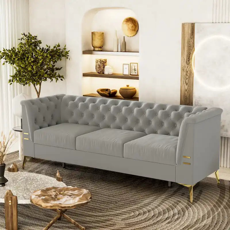 82 Velvet 3 Seater Chesterfield Sofa Couch with Gold Metal Legs, High Rebound Sponge and Removable Cushions