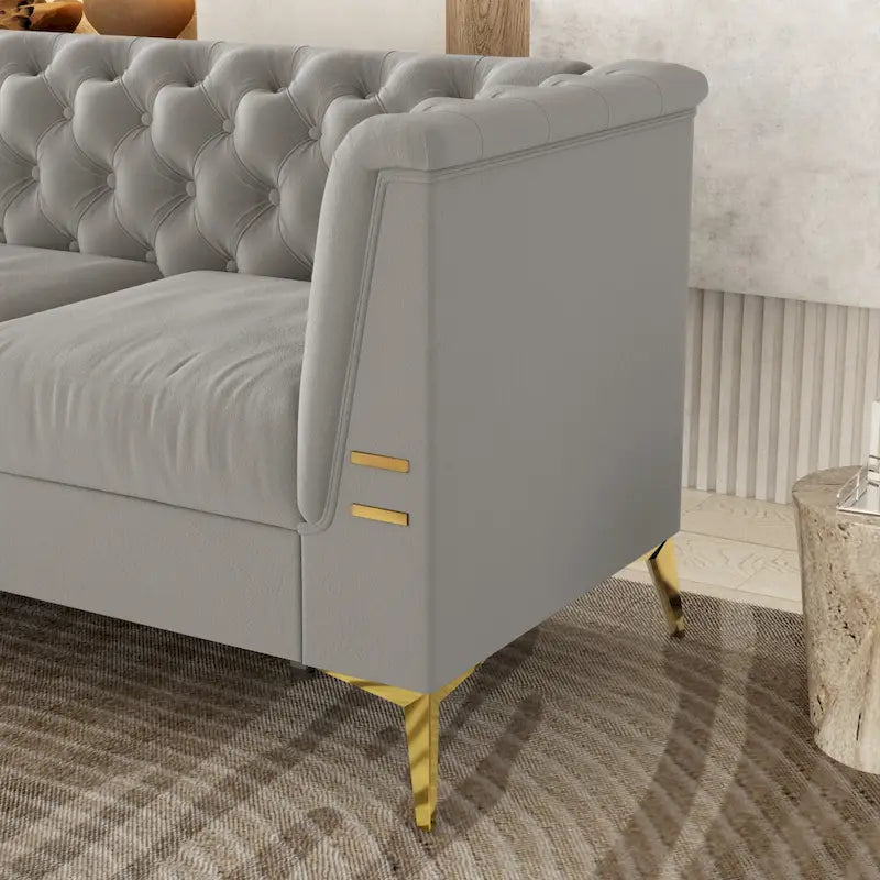 82 Velvet 3 Seater Chesterfield Sofa Couch with Gold Metal Legs, High Rebound Sponge and Removable Cushions