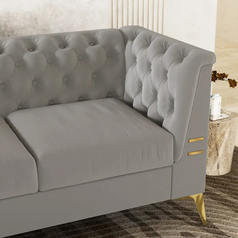 82 Velvet 3 Seater Chesterfield Sofa Couch with Gold Metal Legs, High Rebound Sponge and Removable Cushions
