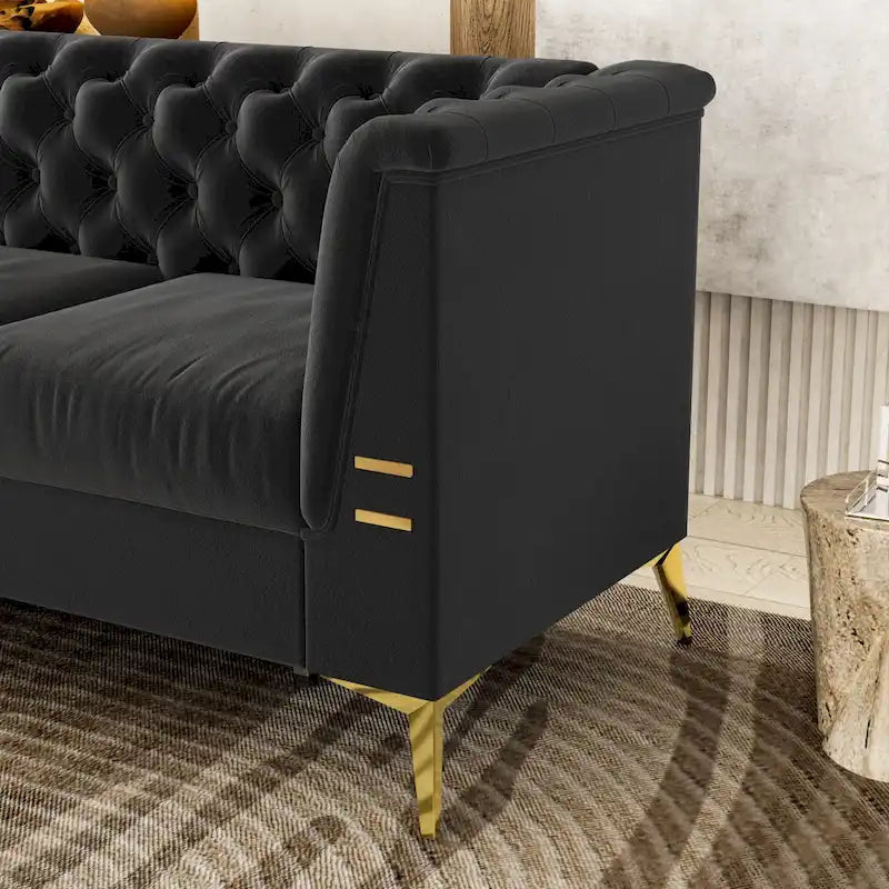 82 Velvet 3 Seater Chesterfield Sofa Couch with Gold Metal Legs, High Rebound Sponge and Removable Cushions