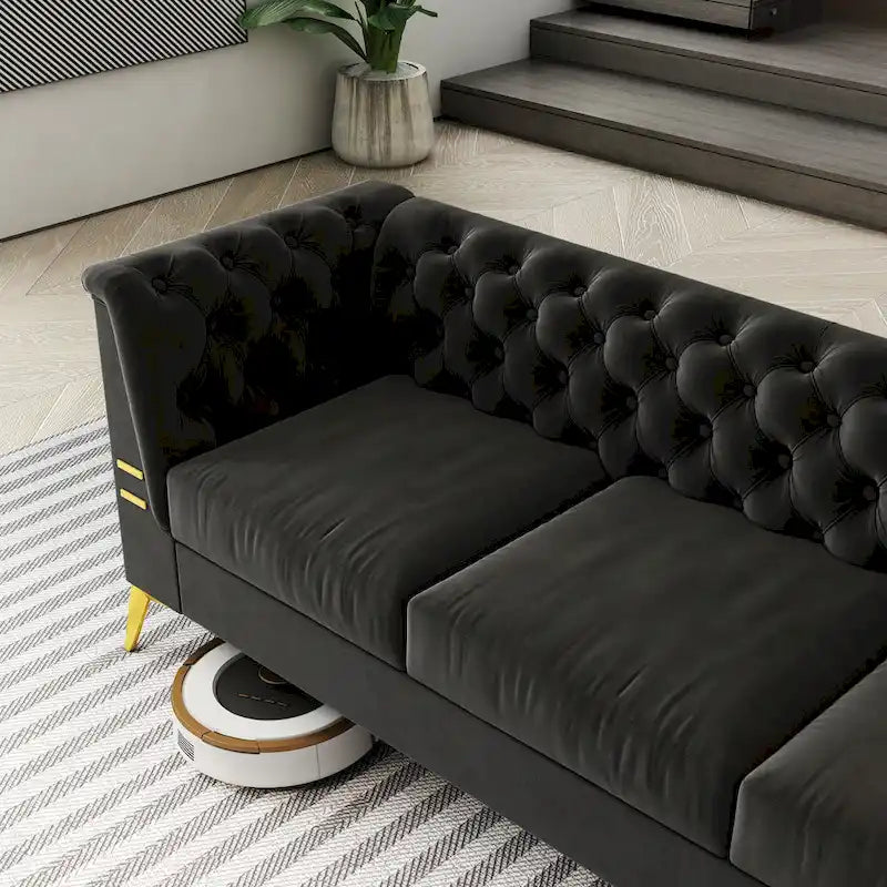 82 Velvet 3 Seater Chesterfield Sofa Couch with Gold Metal Legs, High Rebound Sponge and Removable Cushions