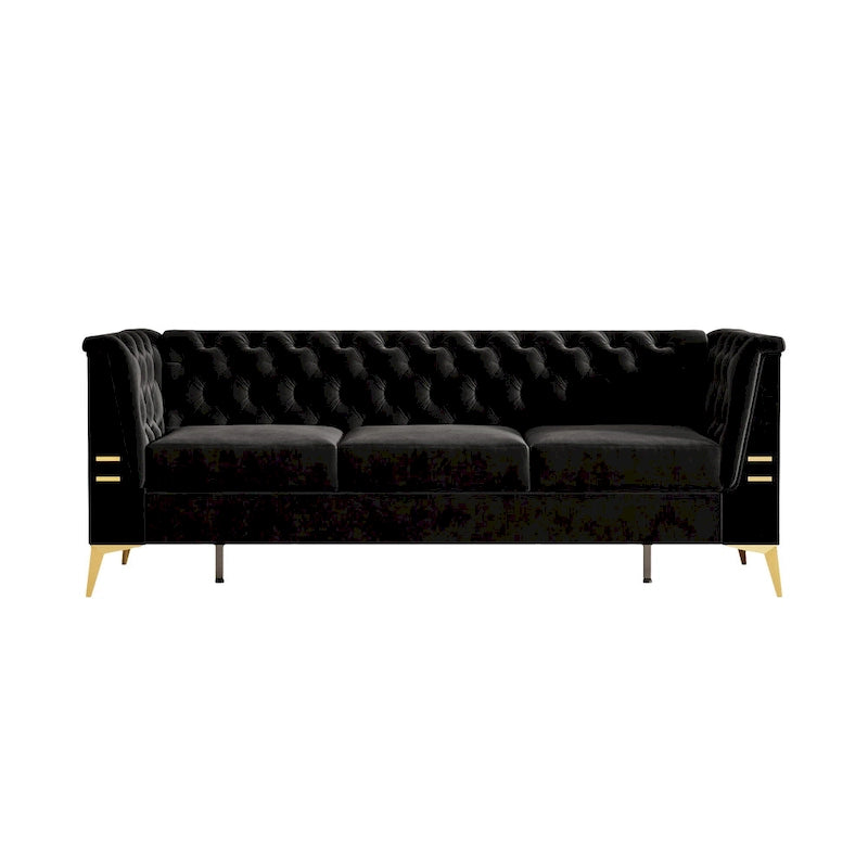 82 Velvet 3 Seater Chesterfield Sofa Couch with Gold Metal Legs, High Rebound Sponge and Removable Cushions