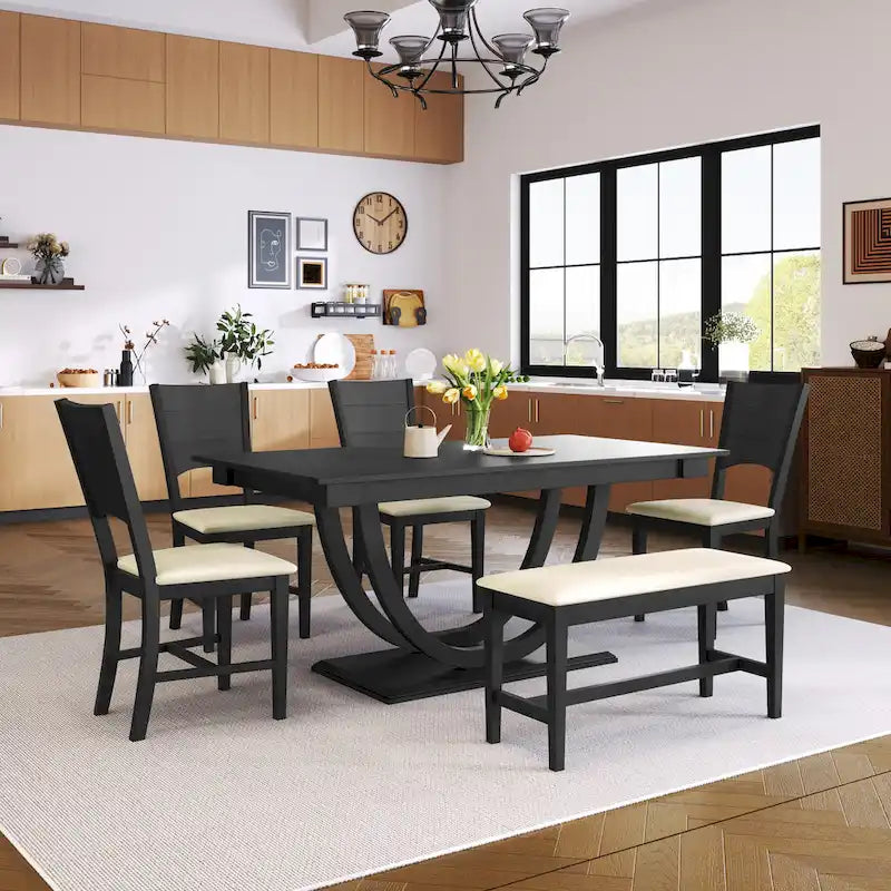 6-Piece Wooden Dining Table Set with Rectangular Table & 4 Chairs