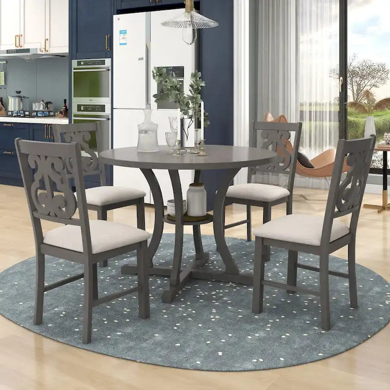 Retro 5-Piece Wooden Dining Table Set with 4 Chairs & Round Table