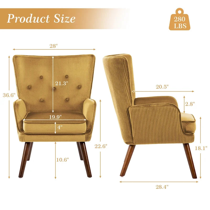Modern Upholstered Velvet Wingback Accent Arm Chair, Set of 2 - 36.6 H x 28 W x 28.4 D