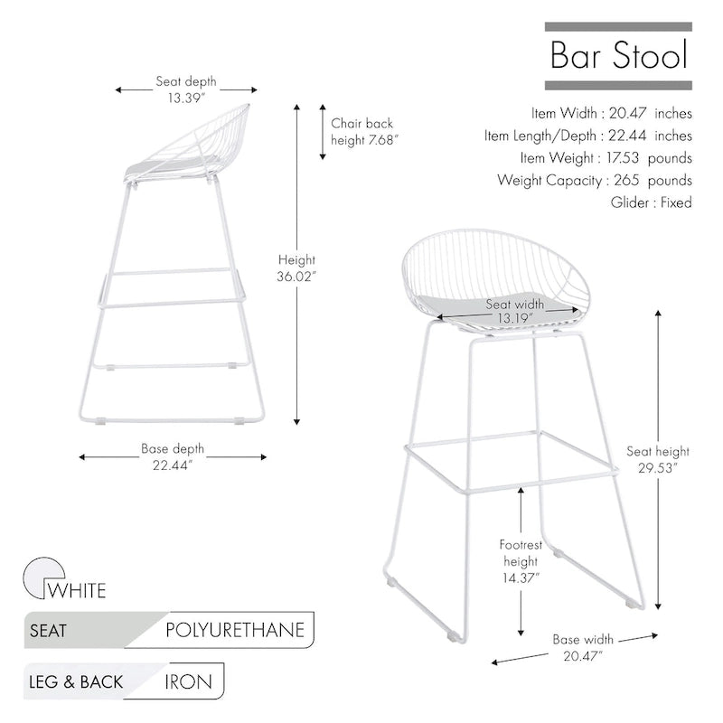 Porthos Home Aven Iron Wire Bar Stools with PU Leather Seat Pad, Set of 2