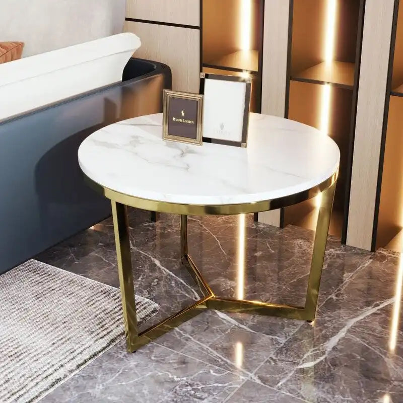 2Pcs Modern Round Nesting Coffee Table Set with Marbling Top Design and Gold Base