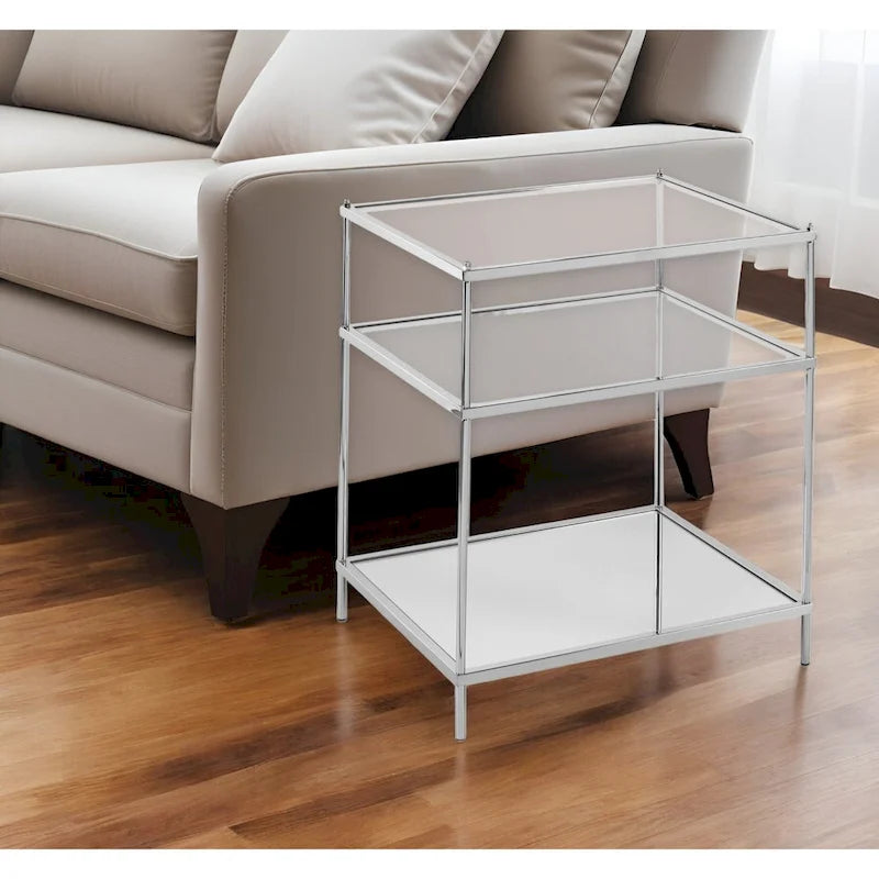 HomeRoots 27 Silver Mirrored Glass And Iron End Table With Shelf - 22x18x26.75