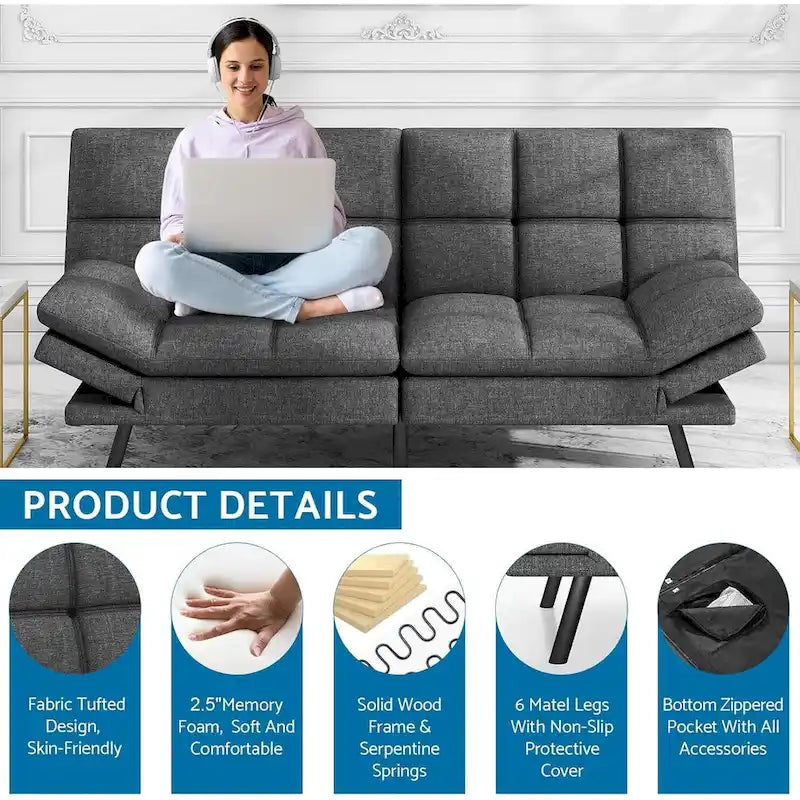 Modern Memory Foam Futon with Adjustable Armrests