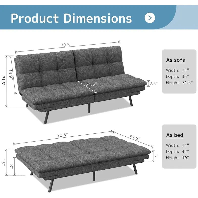 Modern Memory Foam Futon with Adjustable Armrests