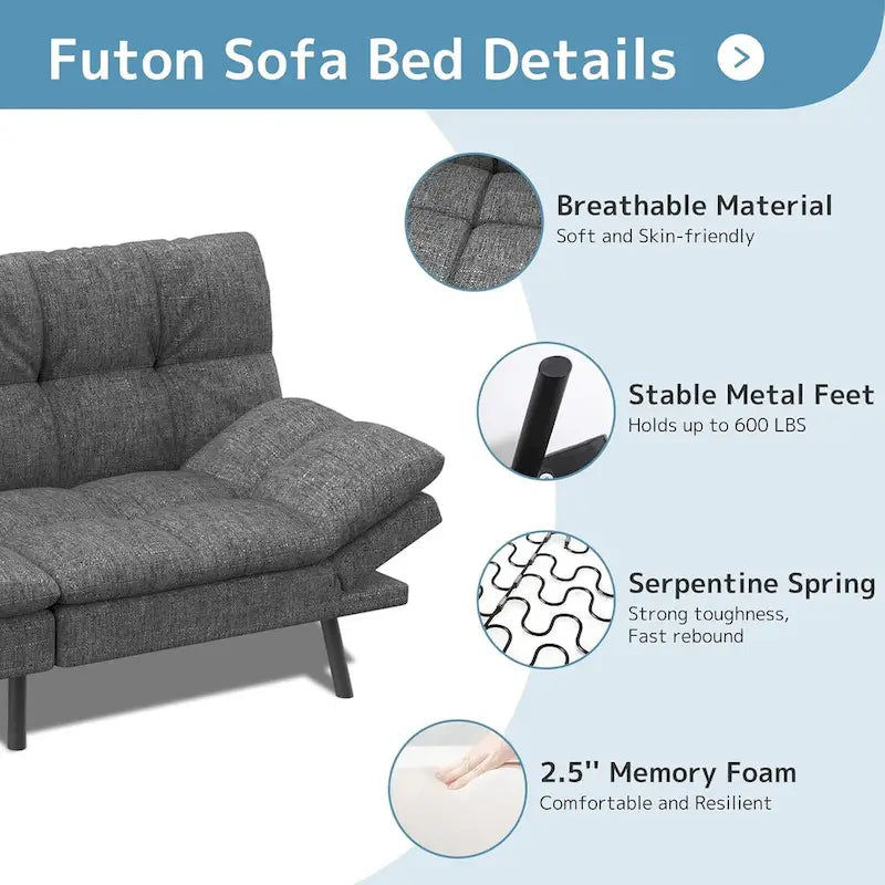Modern Memory Foam Futon with Adjustable Armrests