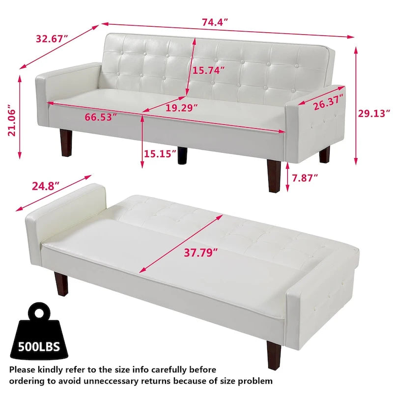 PU Futon Sofa Couch for Living Room Convertible Faux Leather Upholstered Futon Sleeper Sofa Bed Channel Tufted Bedroom Futons
