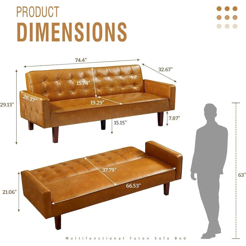 PU Futon Sofa Couch for Living Room Convertible Faux Leather Upholstered Futon Sleeper Sofa Bed Channel Tufted Bedroom Futons