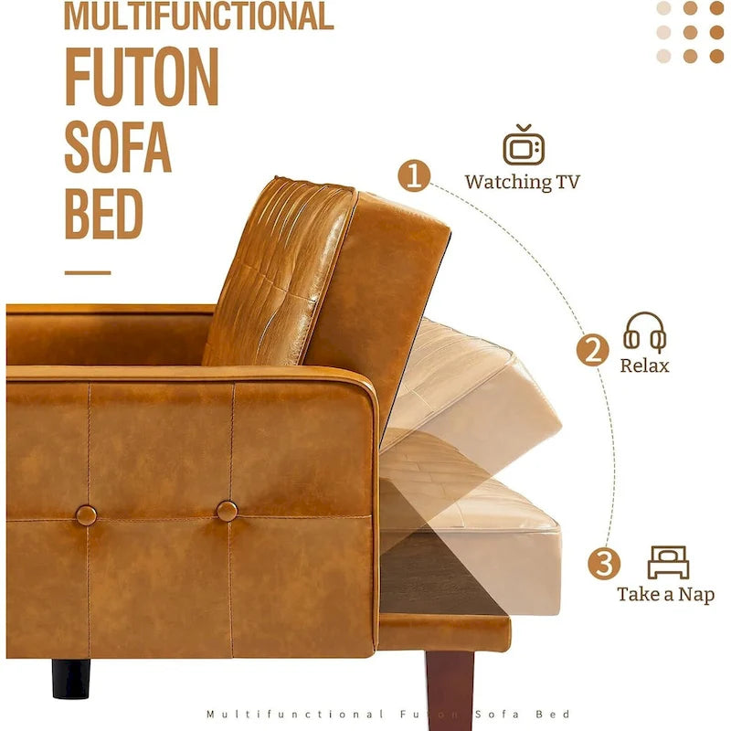 PU Futon Sofa Couch for Living Room Convertible Faux Leather Upholstered Futon Sleeper Sofa Bed Channel Tufted Bedroom Futons