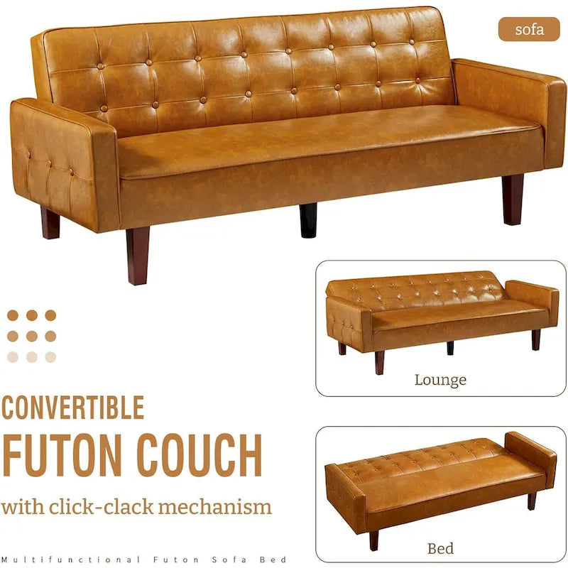 PU Futon Sofa Couch for Living Room Convertible Faux Leather Upholstered Futon Sleeper Sofa Bed Channel Tufted Bedroom Futons