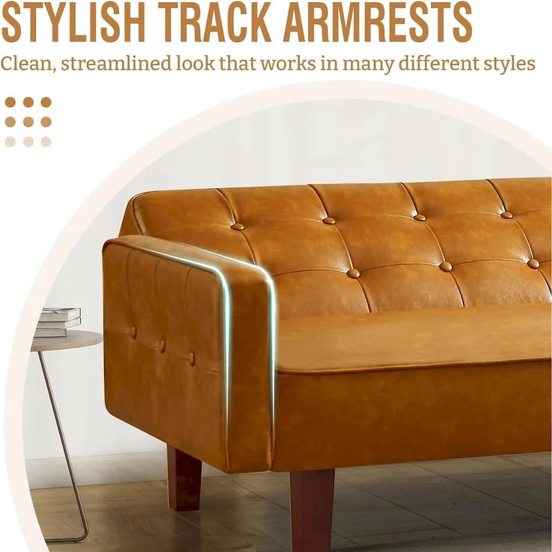 PU Futon Sofa Couch for Living Room Convertible Faux Leather Upholstered Futon Sleeper Sofa Bed Channel Tufted Bedroom Futons