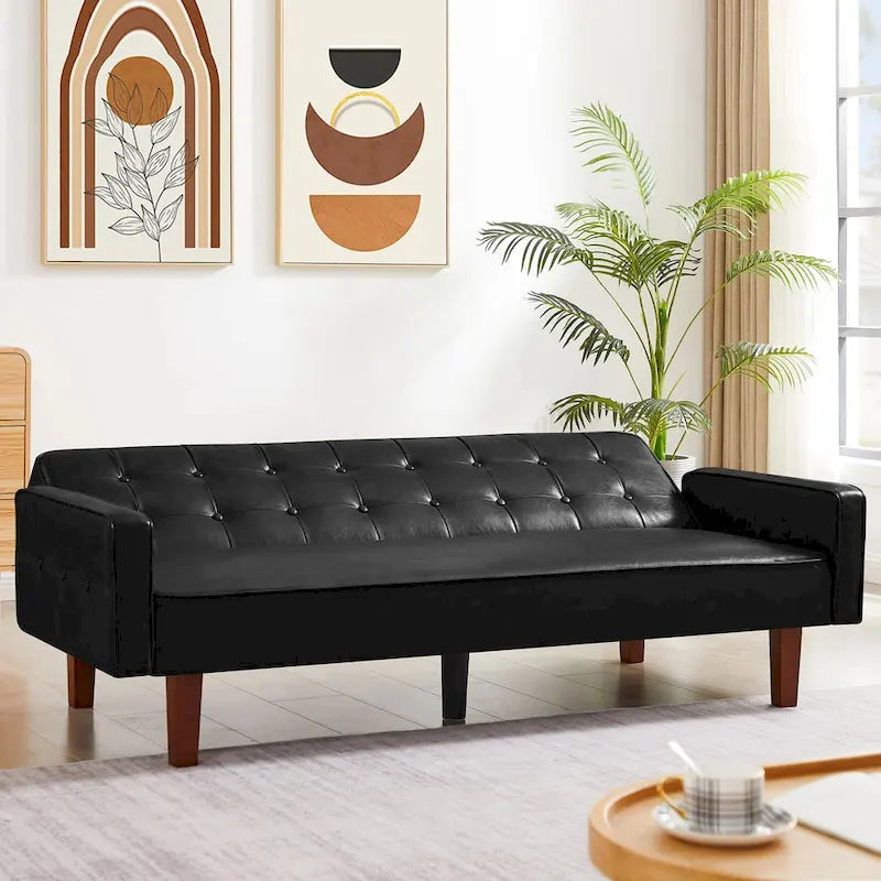 PU Futon Sofa Couch for Living Room Convertible Faux Leather Upholstered Futon Sleeper Sofa Bed Channel Tufted Bedroom Futons