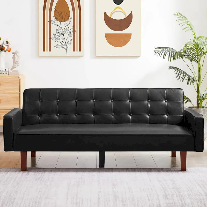 PU Futon Sofa Couch for Living Room Convertible Faux Leather Upholstered Futon Sleeper Sofa Bed Channel Tufted Bedroom Futons