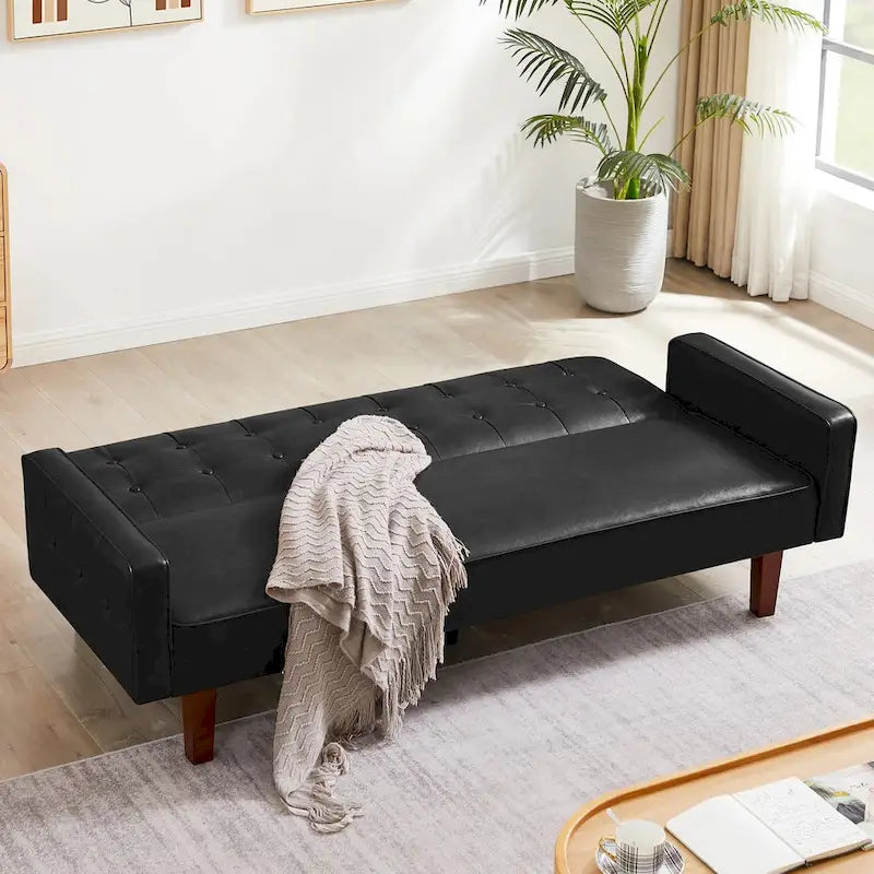 PU Futon Sofa Couch for Living Room Convertible Faux Leather Upholstered Futon Sleeper Sofa Bed Channel Tufted Bedroom Futons
