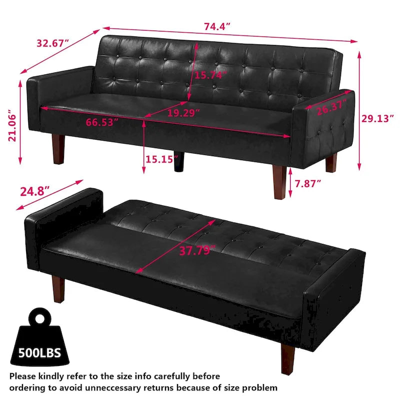 PU Futon Sofa Couch for Living Room Convertible Faux Leather Upholstered Futon Sleeper Sofa Bed Channel Tufted Bedroom Futons