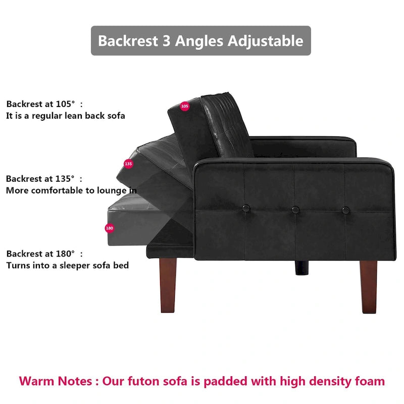 PU Futon Sofa Couch for Living Room Convertible Faux Leather Upholstered Futon Sleeper Sofa Bed Channel Tufted Bedroom Futons