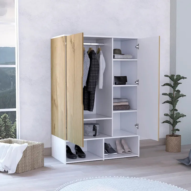 Rosie Armoire with Two Doors , Open Shelves, Concealed Five Shelves and Hanging Rod - N/A