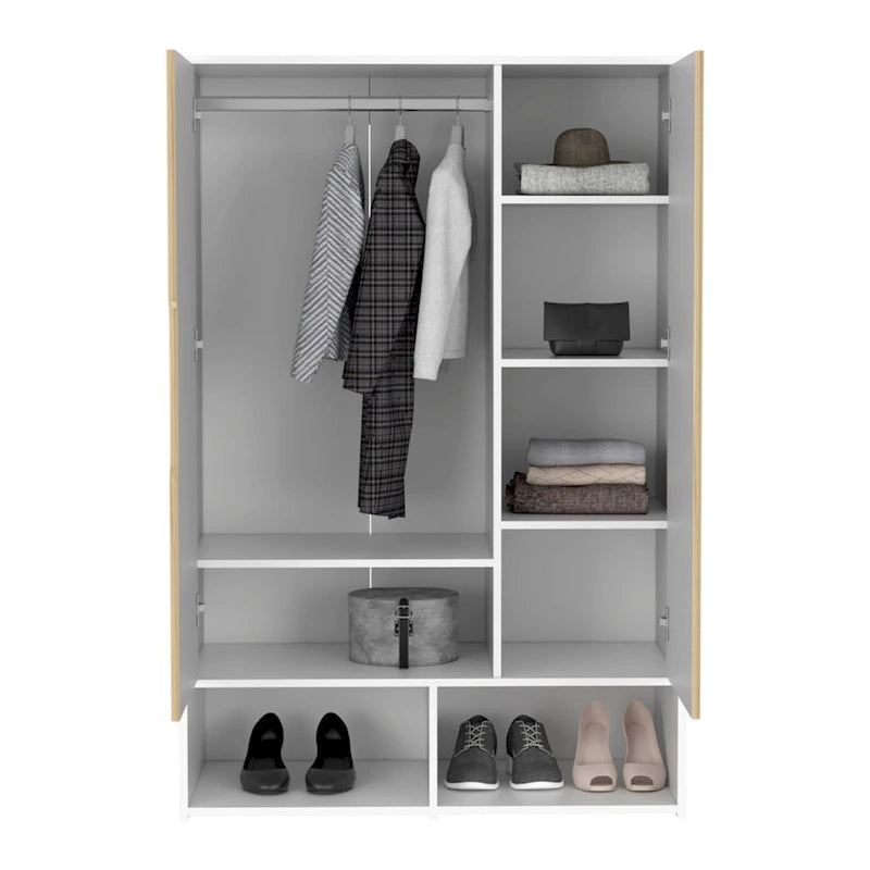 Rosie Armoire with Two Doors , Open Shelves, Concealed Five Shelves and Hanging Rod - N/A