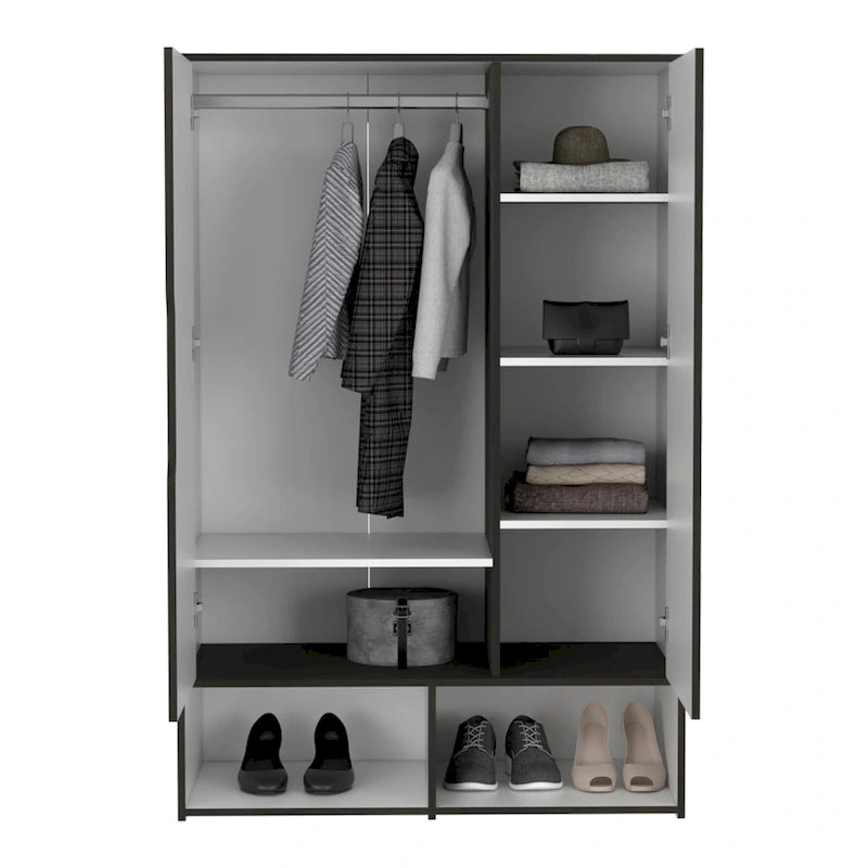 Rosie Armoire with Two Doors , Open Shelves, Concealed Five Shelves and Hanging Rod - N/A