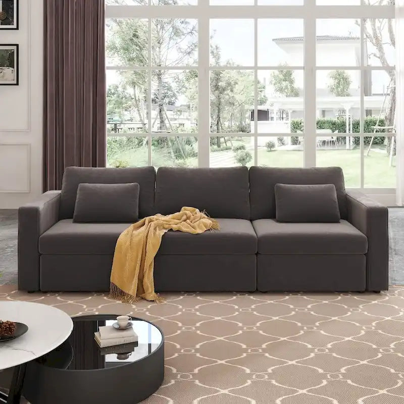 Modern Cotton Linen L-Shape Sectional Sofa, Oversized Upholstery Sectional Sofa, Chaise Couch with Storage Ottomans for Living R